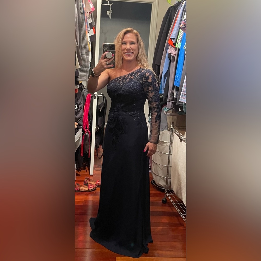 Navy Blue One Shoulder Chiffon Dress with Sliit